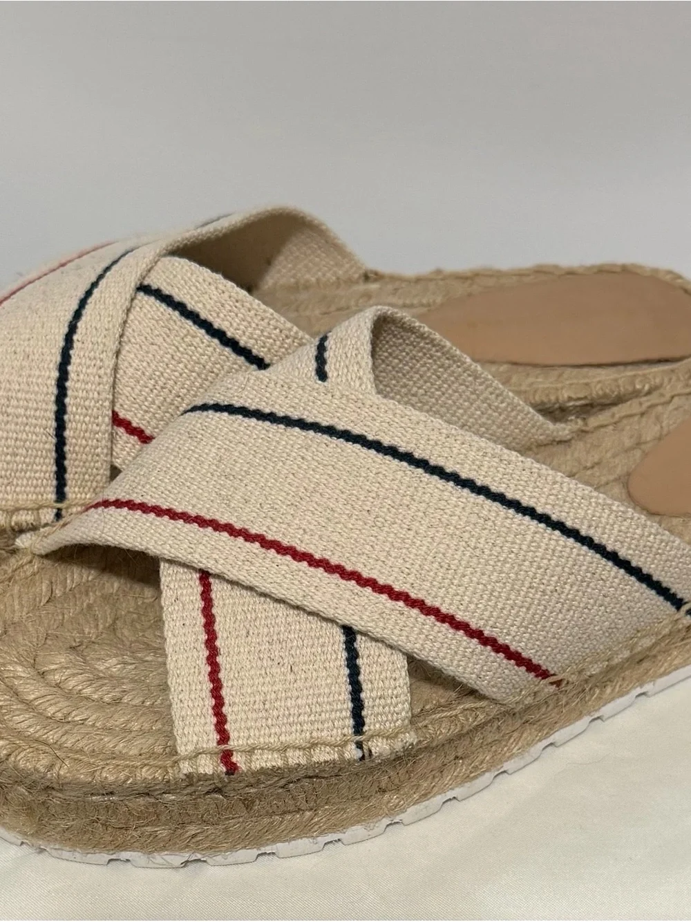 Polo by Ralph Lauren Cream Espadrille Slide Sandals with Red and Navy Stripes